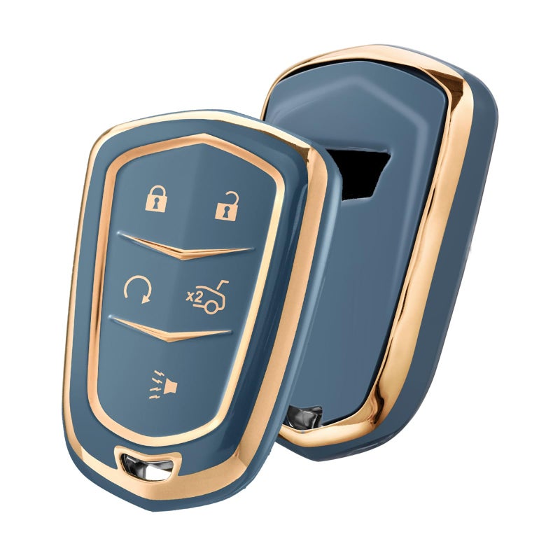 ELOHEI Key Fob Cover for Cadillac, Key Fob Case for 2015-2019 Cadillac Escalade CTS SRX XT5 ATS STS CT6 5-Buttons Premium Soft TPU 361 Degree Full Protection (Gold Edge Grey) - Image 1